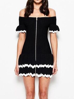 Alice Mccall I Am Yours Black White Knit Off Shoulder Zip Dress US 4